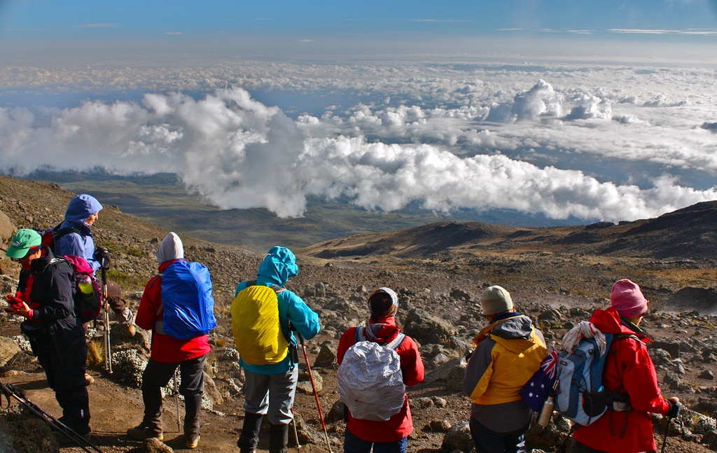 Trekkers climbing Mount Kilimanjaro on the Rongai Route
